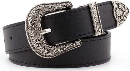 Western-Leather-Belts-Women Vintage Waist-Belts with Hollow Out Flower Buckle Apparel & Accessories > Clothing Accessories > Belts INOGIH Black  