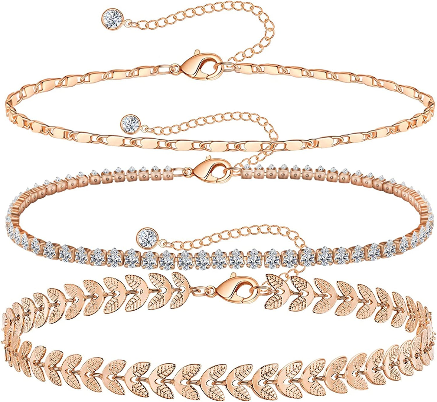 Gold Ankle Bracelets for Women 14K Gold Plated Anklet Silver Tennis Butterfly Star Coin Quartz Bead Snake Paperclip Chain Dainty Layered Anklet Set 3Pcs Jewelry Gifts for Teen Girls Apparel & Accessories > Jewelry > Anklets Vermeyen K-Rose Gold-Tennis  