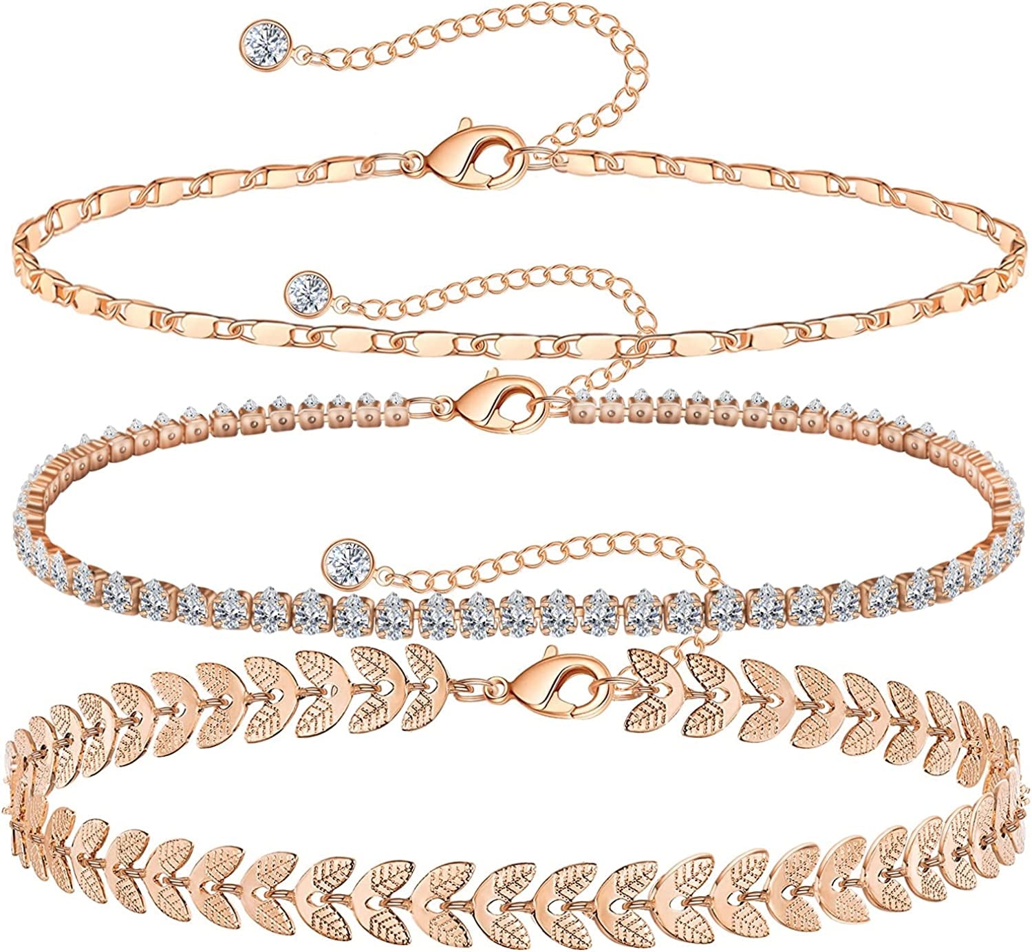 Gold Ankle Bracelets for Women 14K Gold Plated Anklet Silver Tennis Butterfly Star Coin Quartz Bead Snake Paperclip Chain Dainty Layered Anklet Set 3Pcs Jewelry Gifts for Teen Girls Apparel & Accessories > Jewelry > Anklets Vermeyen K-Rose Gold-Tennis  
