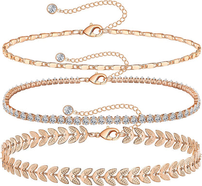 Gold Ankle Bracelets for Women 14K Gold Plated Anklet Silver Tennis Butterfly Star Coin Quartz Bead Snake Paperclip Chain Dainty Layered Anklet Set 3Pcs Jewelry Gifts for Teen Girls Apparel & Accessories > Jewelry > Anklets Vermeyen K-Rose Gold-Tennis  