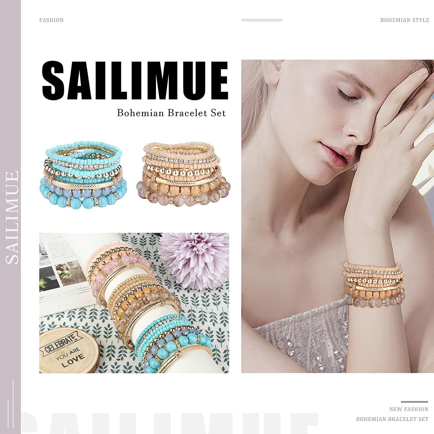 SAILIMUE 4-6 Sets Bohemian Stackable Bead Bracelets for Women Multicolor Stretch Beaded Bracelets Layered Bead Adjustable Bracelet Pink Black Turquoise Stretch Bracelets Apparel & Accessories > Jewelry > Bracelets sailimue   