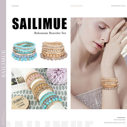 SAILIMUE 4-6 Sets Bohemian Stackable Bead Bracelets for Women Multicolor Stretch Beaded Bracelets Layered Bead Adjustable Bracelet Pink Black Turquoise Stretch Bracelets Apparel & Accessories > Jewelry > Bracelets sailimue   