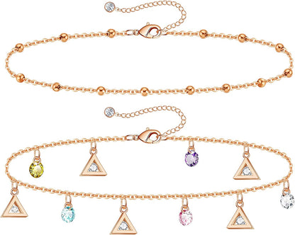 Gold Ankle Bracelets for Women 14K Gold Plated Anklet Silver Tennis Rose Quartz Cross Bead Herringbone Snake Paperclip Chain Cubic Zirconia Dainty Layered Anklet Set 3Pcs Apparel & Accessories > Jewelry > Anklets WeSparking ZI-Rose Gold-Triangle  