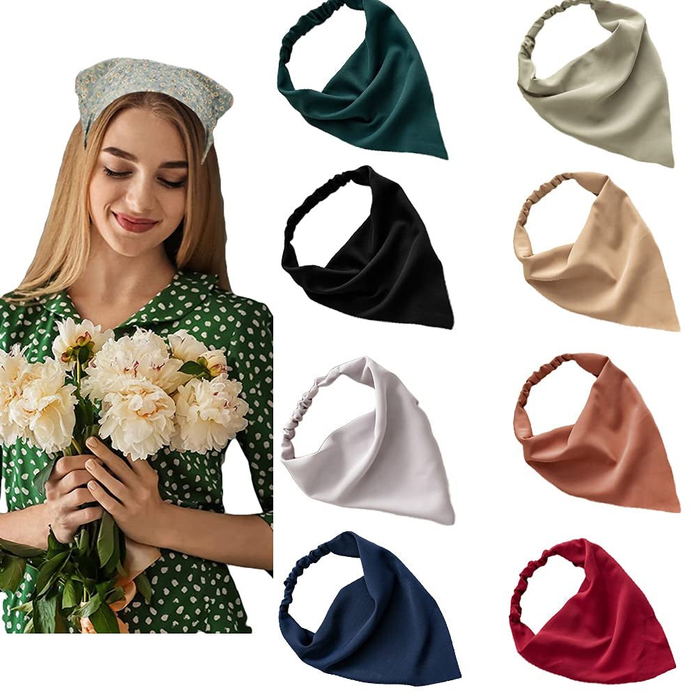 Elastic Hair Scarf Headbands for Women Solid Bandana Headbands Chiffon Head Kerchief Boho Scarf Bandanas with Hair (8 Colors Solid A) Apparel & Accessories > Clothing Accessories > Bandanas & Headties DINPREY   