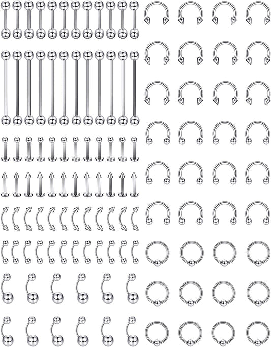 Jstyle 120Pcs Body Jewelry Piercing Lot Stainless Steel Nose Horseshoe Lip Tongue Eyebrow Tragus Body Piercing Navel Belly Ring Barbells 14G-16G Apparel & Accessories > Jewelry > Rings Jstyle   