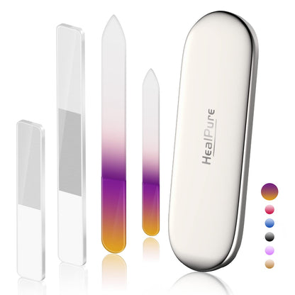 Glass Nail File and Nail Shiner, 4PC Crystal Nail File and Nano Glass Nail Buffer, Premium Set with Case, Professional Manicure Tool Fingernail Czech File for Natural Nail, Gift for Women and Girls Health & Beauty > Personal Care > Cosmetics > Cosmetic Tools > Nail Tools HealPure Gradient Color  