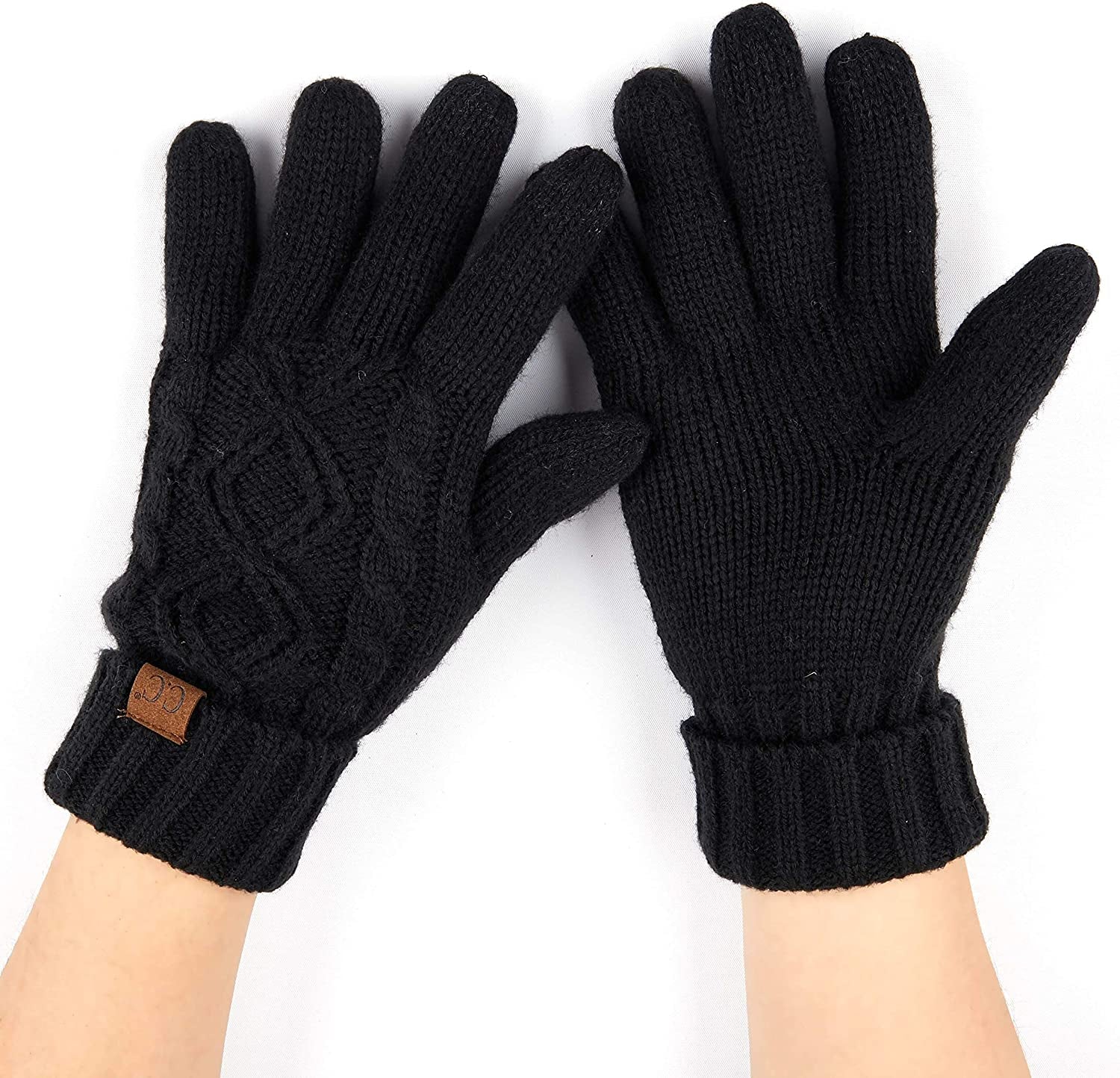 C.C Unisex Knit Thick Warm Soft Stretch Fuzzy Lined Solid Ribbed Glove with Smart Tips (G-25)(G-707) Apparel & Accessories > Clothing Accessories > Gloves & Mittens C.C Cable Knit-black  
