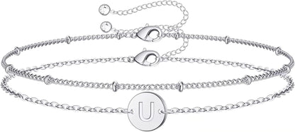 Silver Initial Bracelets for Women Teen Girls, 14K White Gold Filled Layered Letter Initial Bracelet Dainty Disc Initial Charm Bracelets Silver Bracelets for Women Girls Jewelry Gifts for Girls Apparel & Accessories > Jewelry > Bracelets MONOZO U  