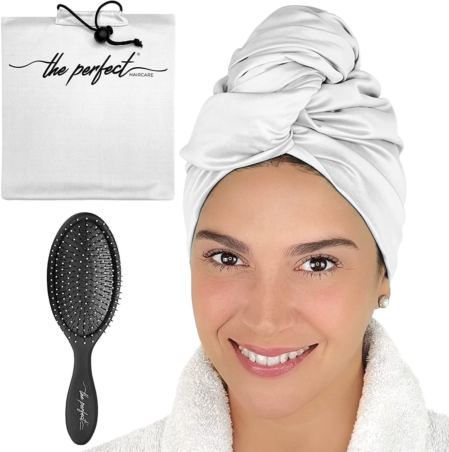 Ultra-Fine Microfiber Hair Towel Wrap & Wet/Dry Detangling Hair Brush - the Perfect Haircare - Anti-Frizz Turban for Curly or Wavy Haired Women Girls & Kids - Quick Drying - Good for Travel (Black) Health & Beauty > Personal Care > Hair Care THE PERFECT HAIRCARE White  