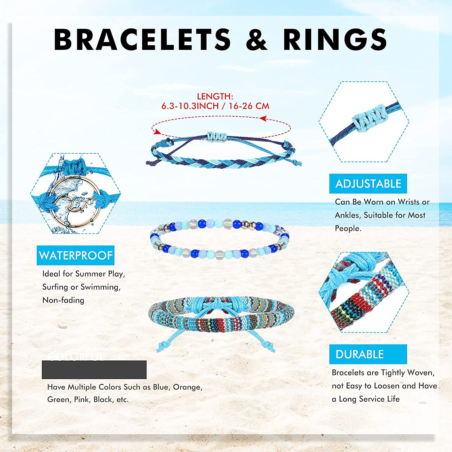 Henoyso 57 Pieces Surfer Strand Wave Bracelet Braided Stretch Friendship Woven Rope Bracelets Adjustable Waterproof Handmade Wax Wrap Bracelet Anklet for Girls Women Apparel & Accessories > Jewelry > Bracelets Henoyso   