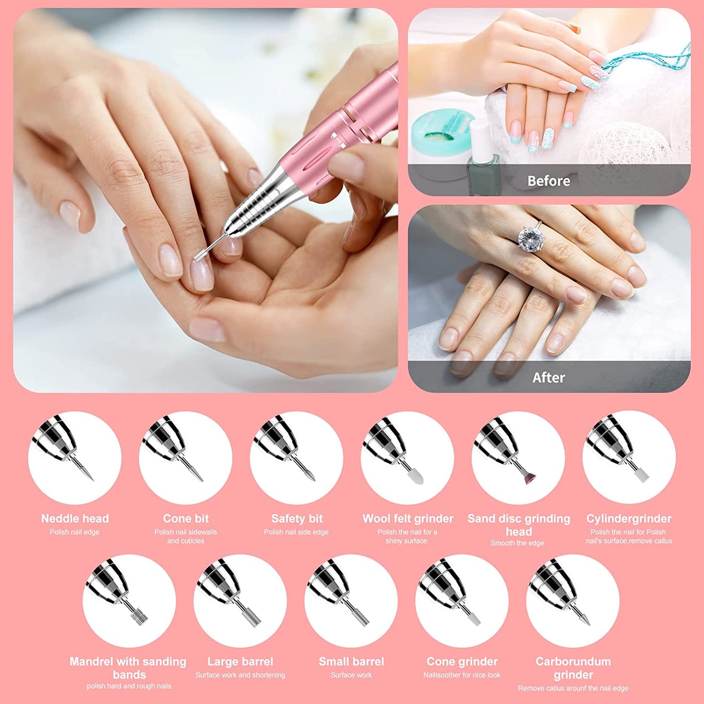 Rechargeable 35000 RPM Nail Drill, Portable Electric Nail Drill Professional Efile Nail Drill Kit for Acrylic, Gel Nails, Manicure Pedicure Polishing Shape Tools with 11Pcs Nail Drill Bits (Pink) Health & Beauty > Personal Care > Cosmetics > Cosmetic Tools > Nail Tools BVCR   