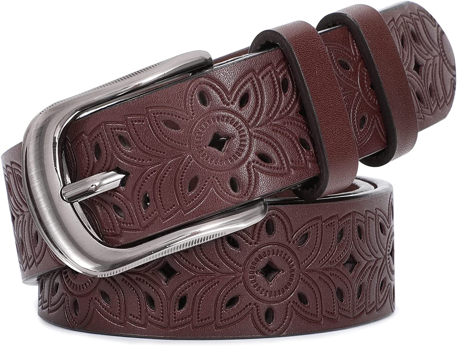 JASGOOD Hollow Leather Belt for Women, Wide Leather Belt for Jeans Pants with Pin Buckle Apparel & Accessories > Clothing Accessories > Belts KYLIE MAX B-coffee Fit for waist size 39"-45" 