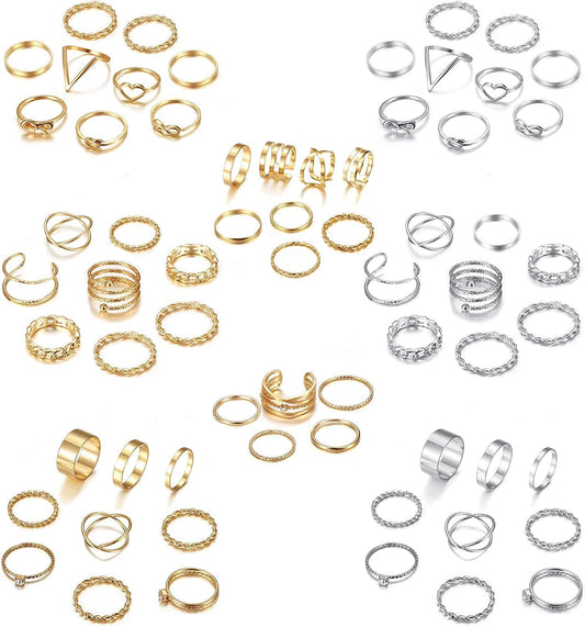 65PCS Bohemian Knuckle Ring Midi Ring Set Hollow Silver Gold Vintage Stackable Rings Fashion Finger Knuckle Midi Rings for Women 65pcs a set