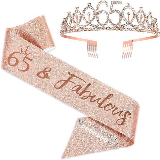 65Th Birthday Sash and Tiara for Women, Rose Gold Birthday Sash Crown 65 & Fabulous Sash and Tiara for Women, 65Th Birthday Gifts for Happy 65Th Birthday Party Favor Supplies Apparel & Accessories > Clothing Accessories > Sashes BRT Bearingshui   
