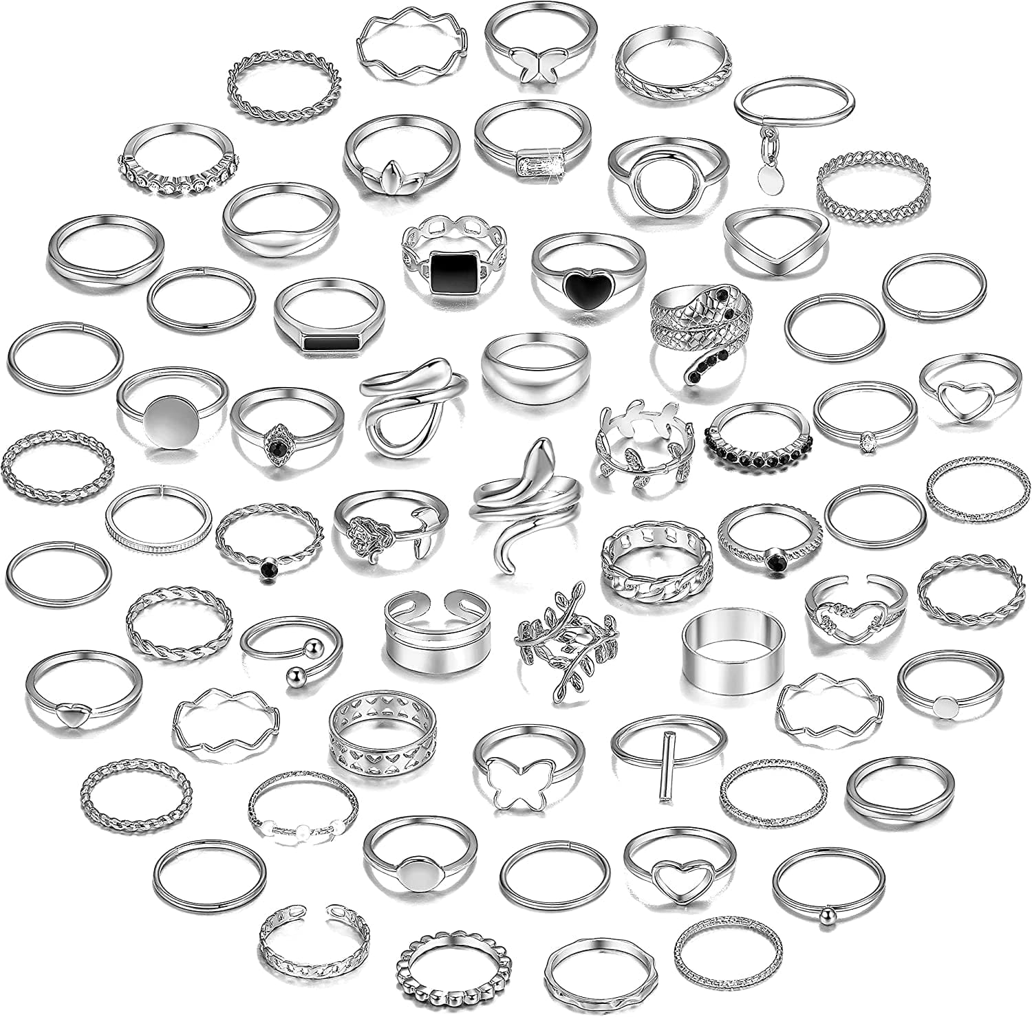 66 Pcs Gold Knuckle Rings Set for Women, Vintage Stackable Rings, Boho Snake Finger Rings, Trendy Midi Rings Pack for Teen Girls B-Silver Ring Set