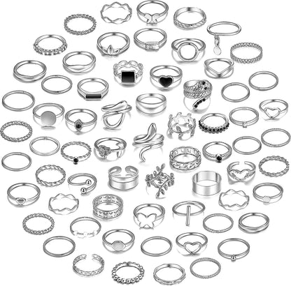66 Pcs Gold Knuckle Rings Set for Women, Vintage Stackable Rings, Boho Snake Finger Rings, Trendy Midi Rings Pack for Teen Girls B-Silver Ring Set