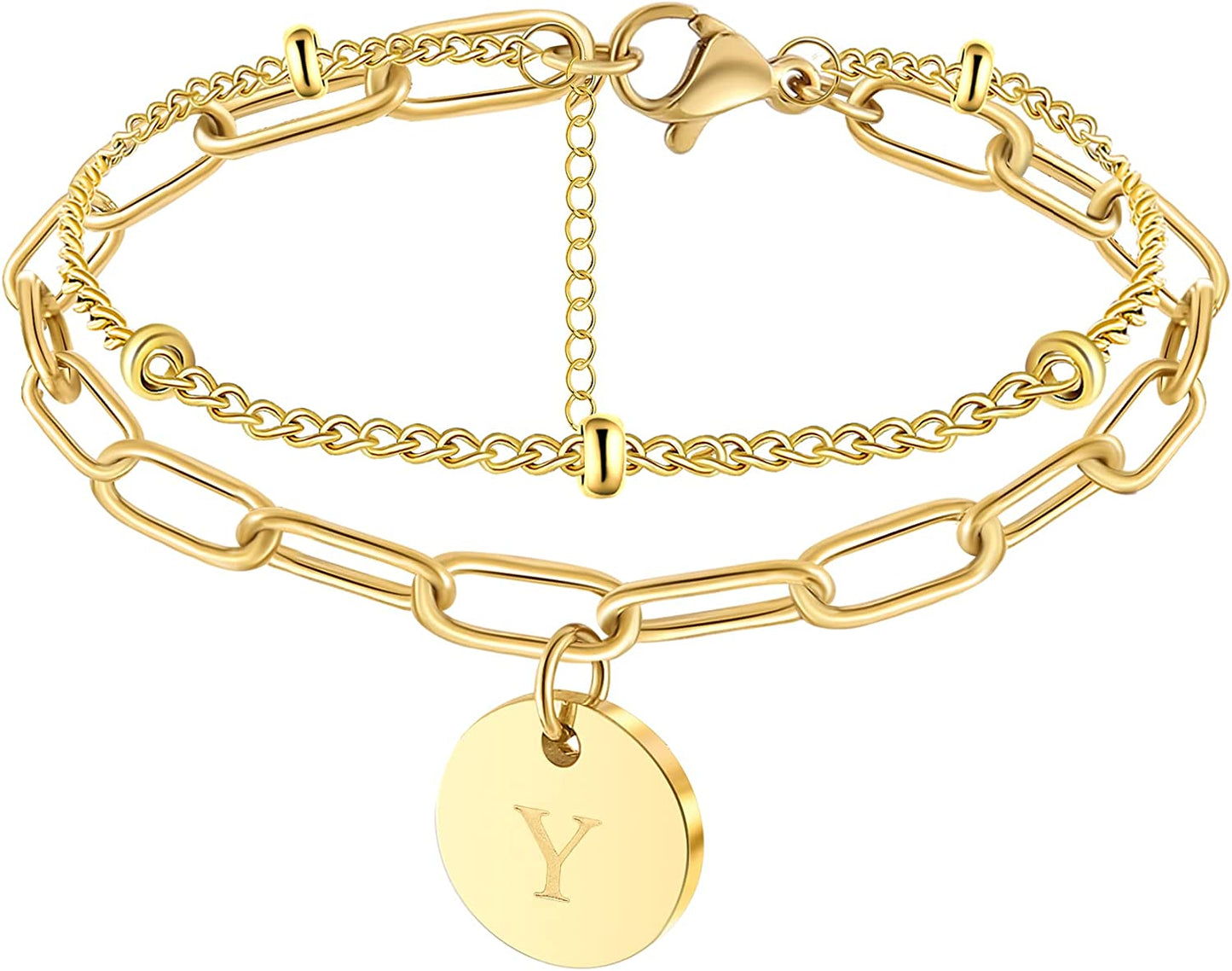 Layer Initial Bracelets for Teen Girls Women 8K Gold Beaded Charm Bracelets for Her Papercilp Link Chain Christmas Mother'S Day Birthday Jewelry Adjustable Handmade Letter A-Z Apparel & Accessories > Jewelry > Bracelets JoycuFF Y  