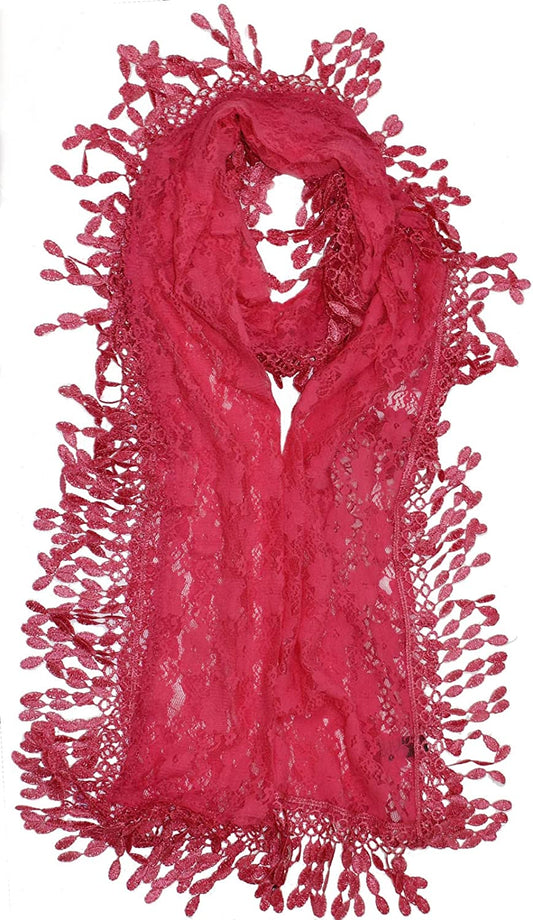 Cirrus Lightweight Soft Leaf Lace Fringes Scarf Shawl for Women Apparel & Accessories > Clothing Accessories > Scarves & Shawls Cirrus Hot Pink  