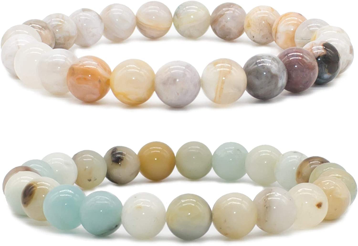Bivei Natural Gem Semi Precious Reiki Healing Crystals Handmade 8Mm round Beads Stretch Bracelet Apparel & Accessories > Jewelry > Bracelets Bivei #1 Bamboo Leaf Agate+Amazonite  