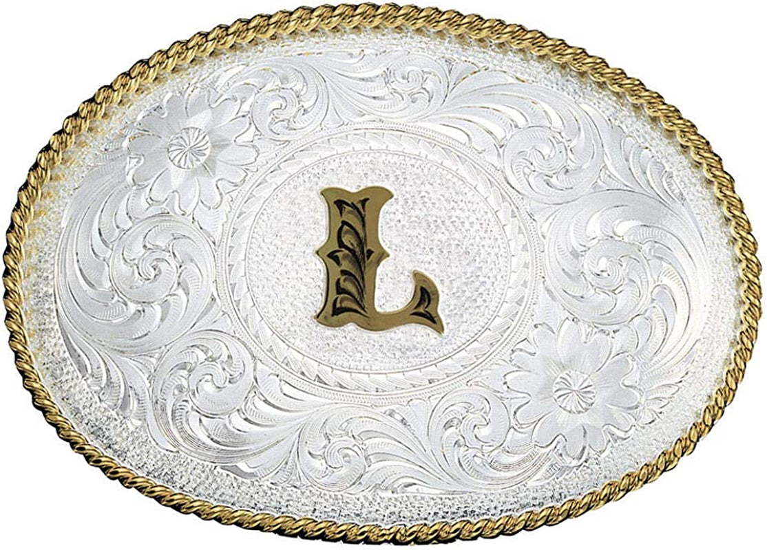 Montana Silversmiths Initial Letter Silver Engraved Gold Trim Western Belt Buckle Apparel & Accessories > Clothing Accessories > Belt Buckles Montana Silversmiths Initial L  