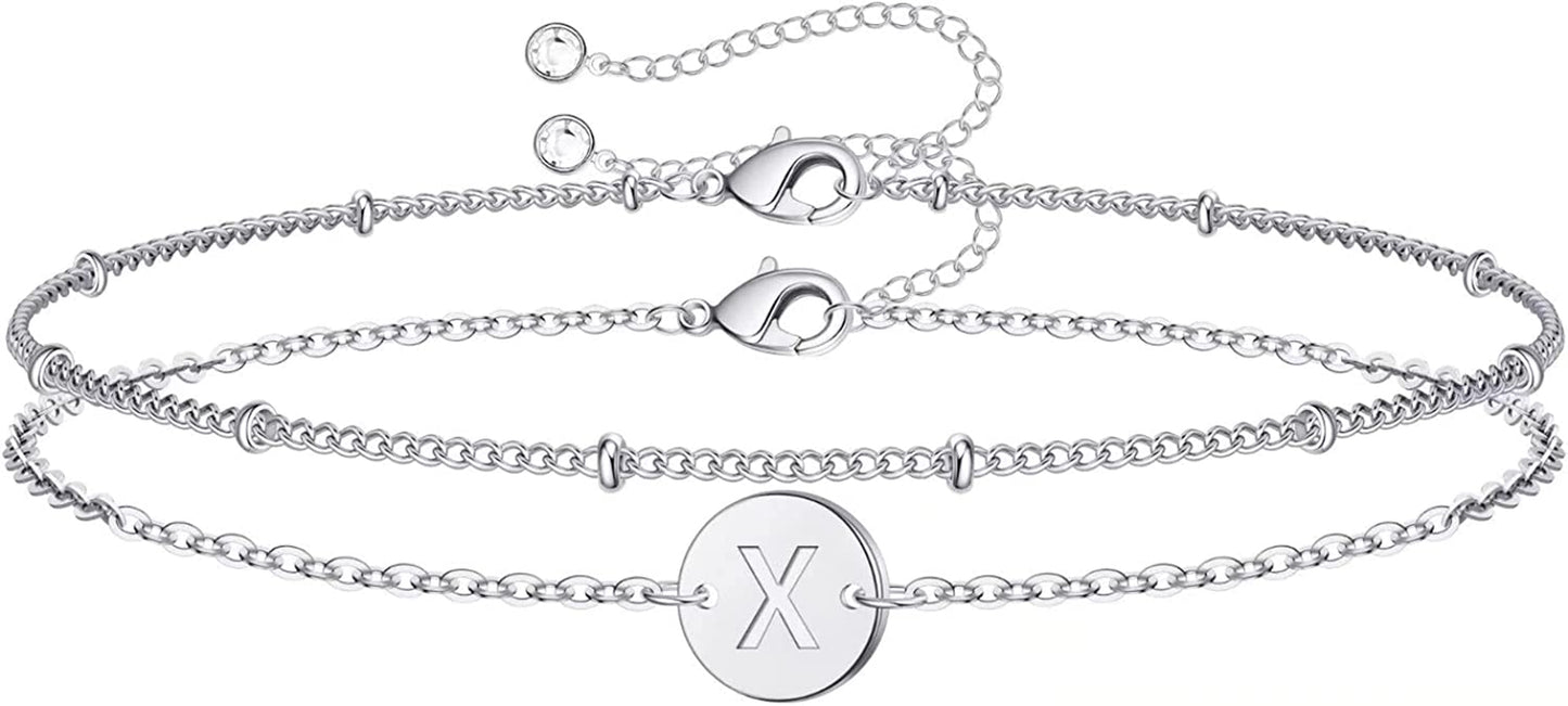 Silver Initial Bracelets for Women Teen Girls, 14K White Gold Filled Layered Letter Initial Bracelet Dainty Disc Initial Charm Bracelets Silver Bracelets for Women Girls Jewelry Gifts for Girls Apparel & Accessories > Jewelry > Bracelets MONOZO X  