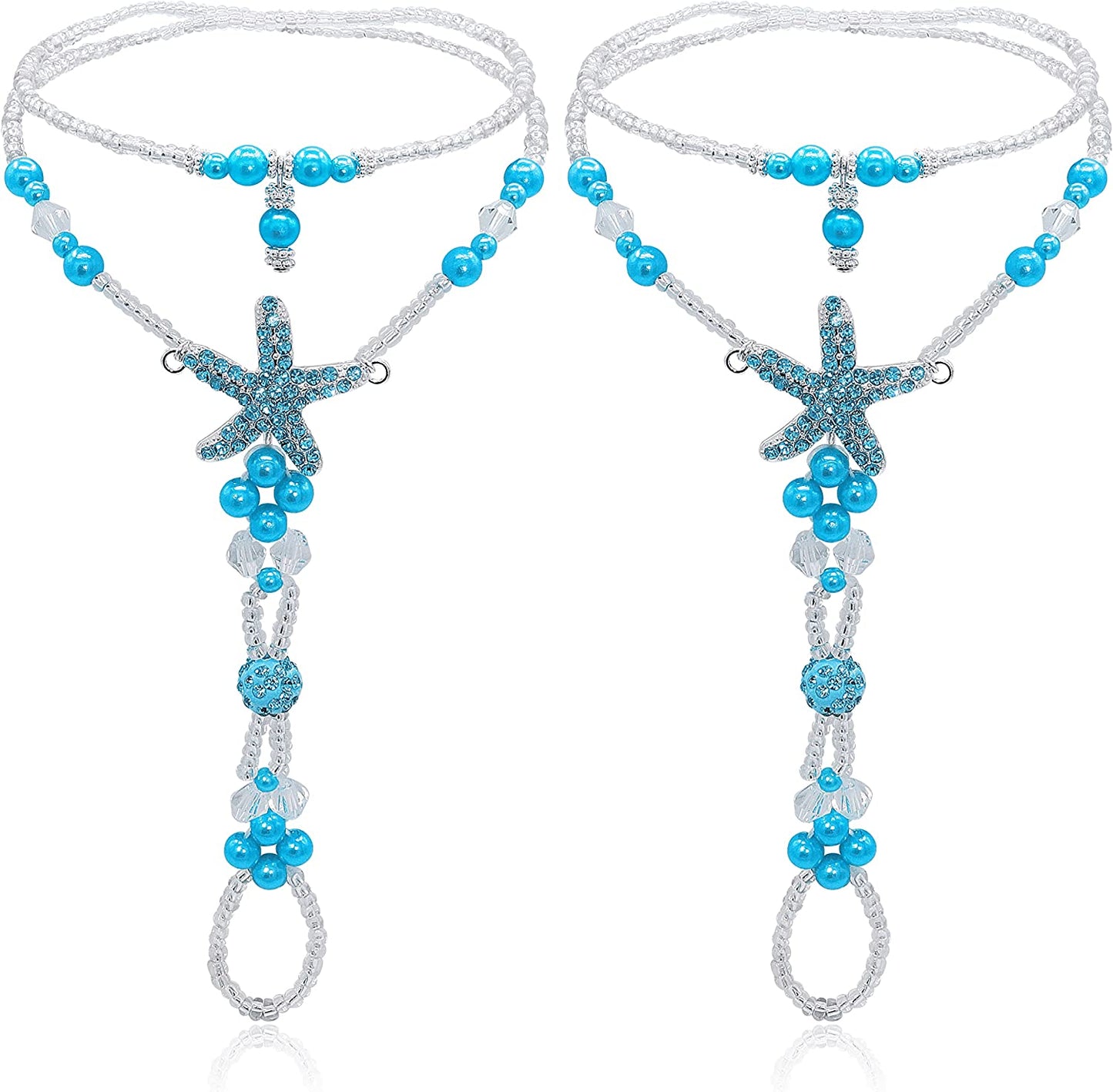 Bellady Foot Jewelry Barefoot Sandals for Women Wedding, Starfish Ankle Bracelet with Rhinestone 1 Pair Apparel & Accessories > Jewelry > Anklets Bellady Blue  