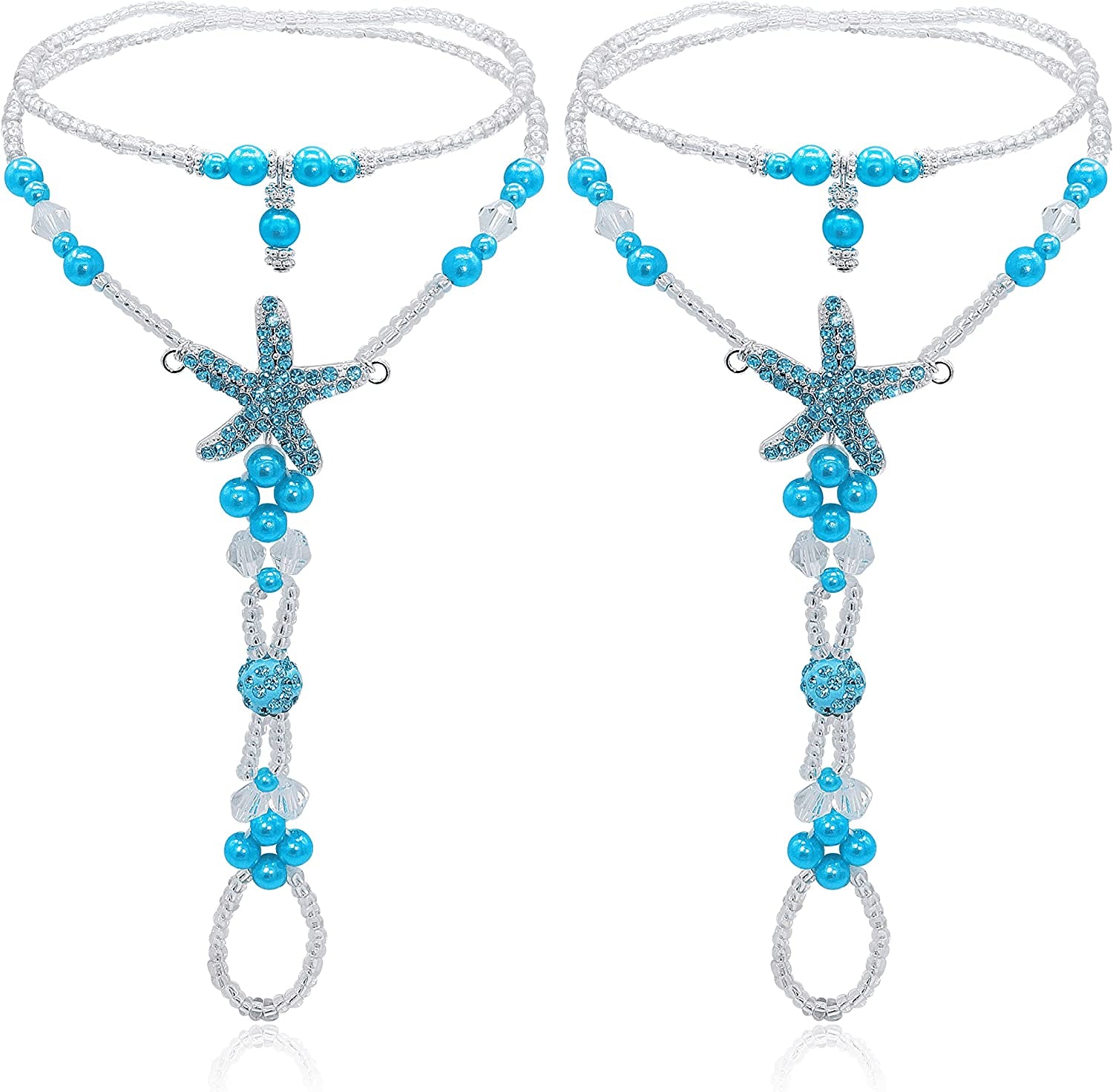 Bellady Foot Jewelry Barefoot Sandals for Women Wedding, Starfish Ankle Bracelet with Rhinestone 1 Pair Apparel & Accessories > Jewelry > Anklets Bellady Blue  