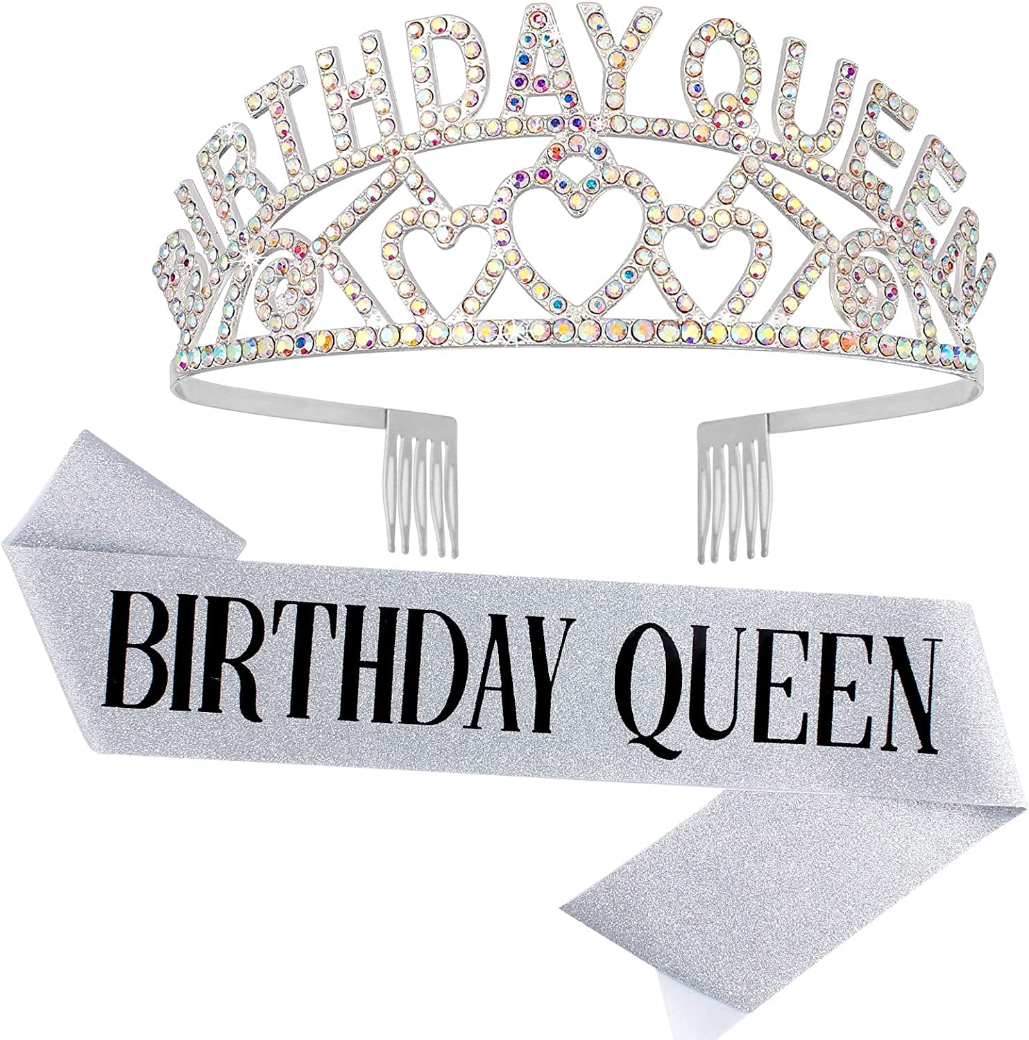 CAVETEE Gold Birthday Queen Rhinestone Tiara and Sash- Birthday Tiara and Sash Birthday Party Favors Glitter Birthday Decorations for Women（Multi Color Letter） Apparel & Accessories > Clothing Accessories > Sashes CAVETEE Ab Silver Queen  