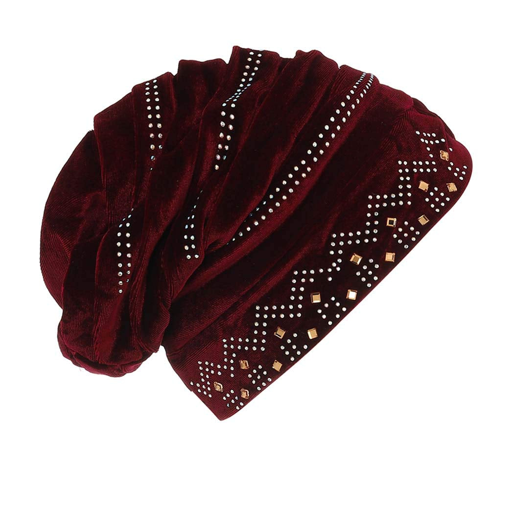 Bohend Vintage Rhinestone Turban Sleep Headwrap Wide Sparkly Sleep Turban Headband Crystal Muslim Hat Headwear Beanie Pre-Tied Bonnet Velvet Hat Cap Hair Wrap for Women and Girls (Wine Red) Apparel & Accessories > Clothing Accessories > Headwear Bohend   