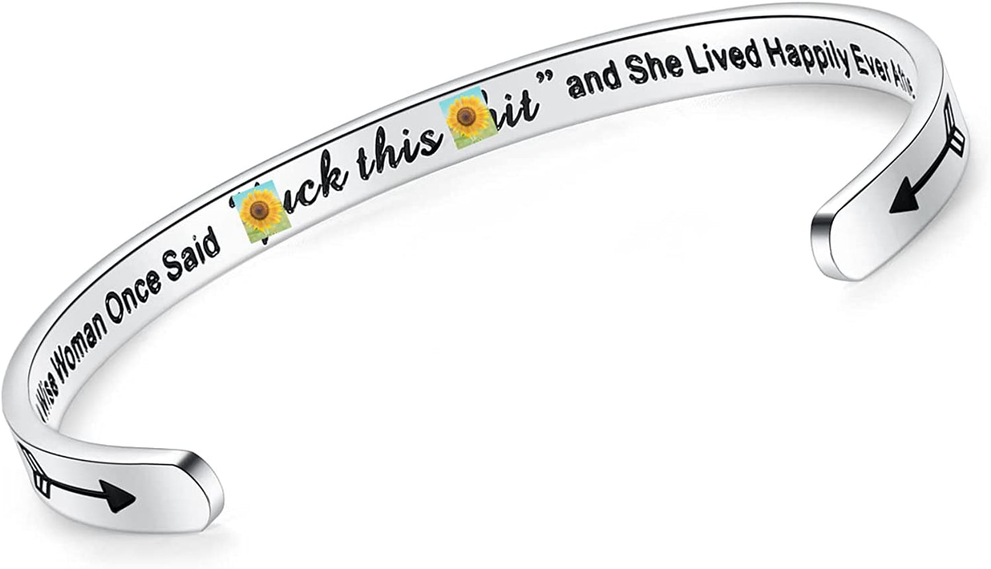 Aryahozel Motivational Cuff Bracelet for Women Girls, Personalized Jewelry Gifts for Her Daughter Mom Sister Niece Best Friends, Engraved Different Sayings Apparel & Accessories > Jewelry > Bracelets AryaHozel Retirement gifts-A wise woman once said fu*king this sh*t and she lived happily ever after  