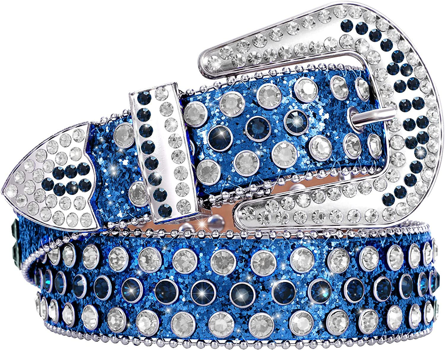 Men Women Fashion Rhinestone Belt SUOSDEY Western Cowgirl Bling Studded Design Leather Diamond Belt for Jeans Dress Apparel & Accessories > Clothing Accessories > Belts SUOSDEY 08-dark Blue L：fits waist size 38''-42'' 