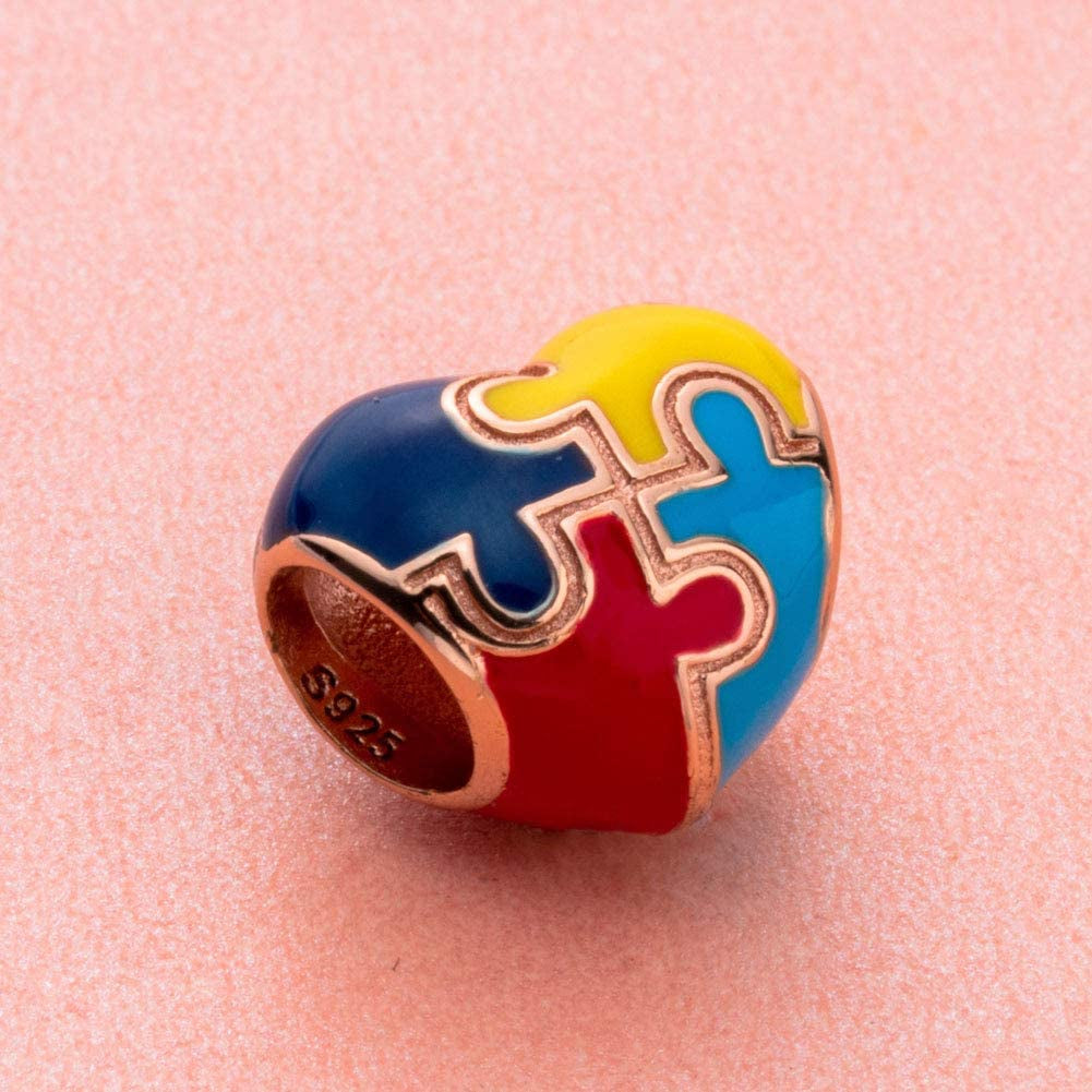 Autism Awareness Charm, Rose Gold Puzzle Pieces Charms, Fits DIY Snake Bracelet, 925 925 Sterling Silver Heart Beads Colorful Enamel Charms, Love Gifts for Women/Men/Girls/Boys Apparel & Accessories > Jewelry > Bracelets XIWEN   