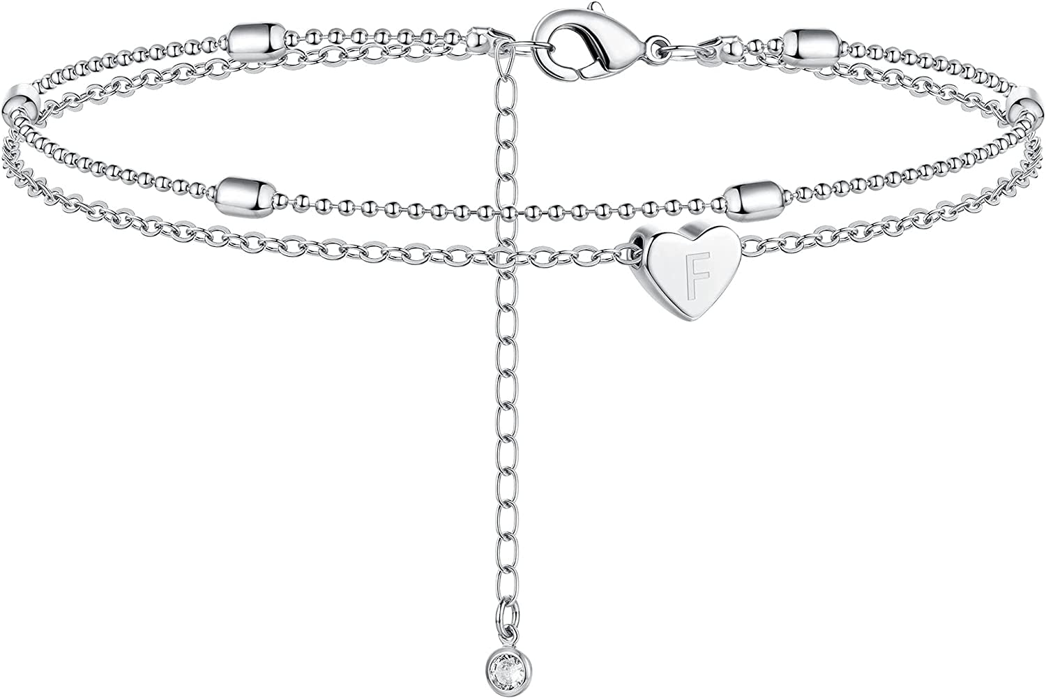 Moodear Silver Ankle Bracelets for Women, Sterling Silver Initial Anklet Layered Dainty Tiny Heart Charm Handmade Carved Alphabet A-Z Letter Ankle Bracelet Beaded Foot Chain Personalized Name Anklets Summer Cute Boho Beach Gift for Her Apparel & Accessories > Jewelry > Anklets Moodear Sterling Silver-F  
