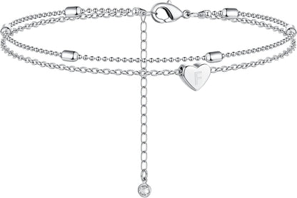 Moodear Silver Ankle Bracelets for Women, Sterling Silver Initial Anklet Layered Dainty Tiny Heart Charm Handmade Carved Alphabet A-Z Letter Ankle Bracelet Beaded Foot Chain Personalized Name Anklets Summer Cute Boho Beach Gift for Her Apparel & Accessories > Jewelry > Anklets Moodear Sterling Silver-F  