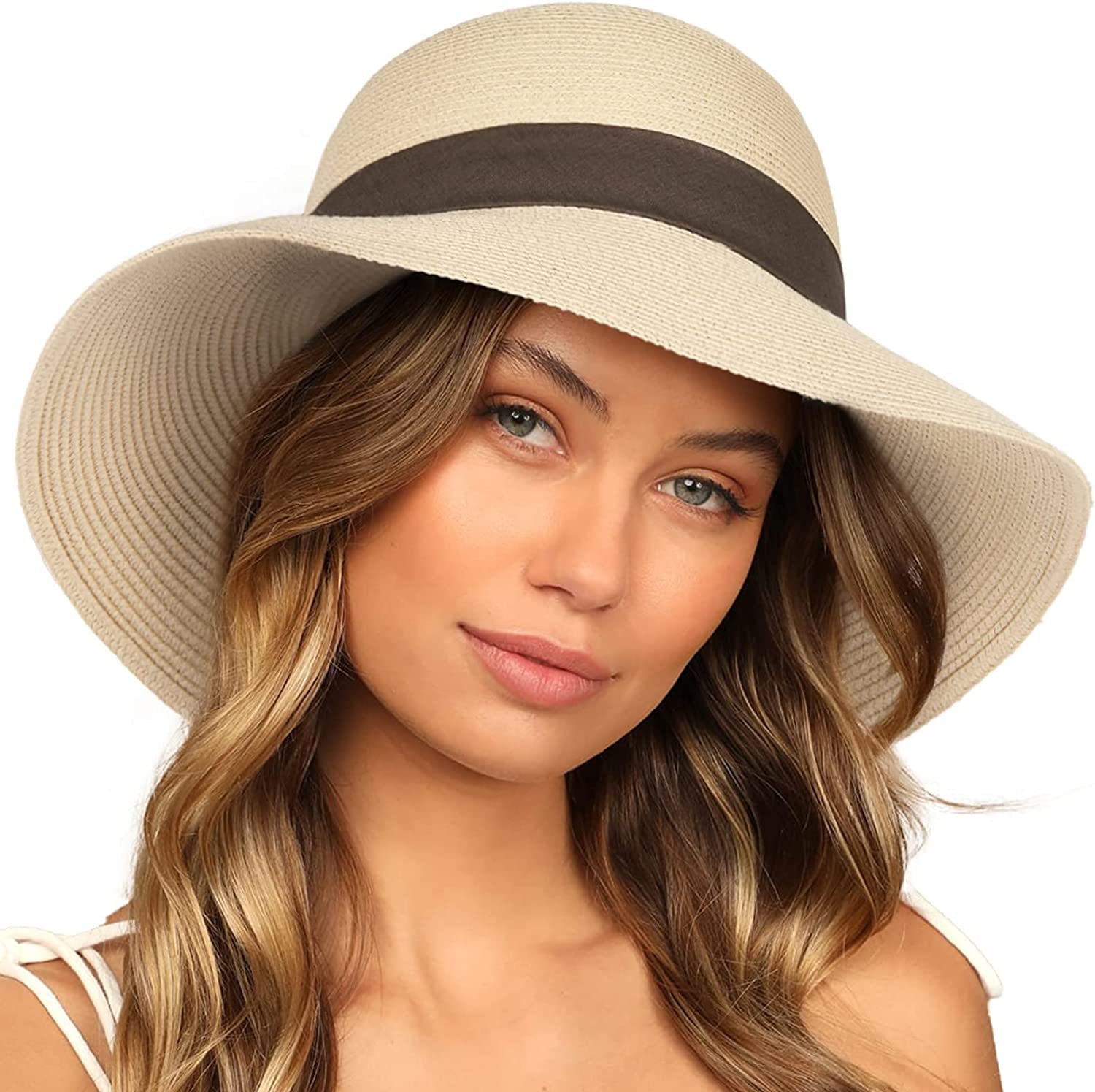 FURTALK Sun Hats for Women Wide Brim Straw Hat Beach Hat UPF UV Foldable Packable Cap for Travel Apparel & Accessories > Clothing Accessories > Hats KYLIE MAX Beige+coffee Ribbon Medium 