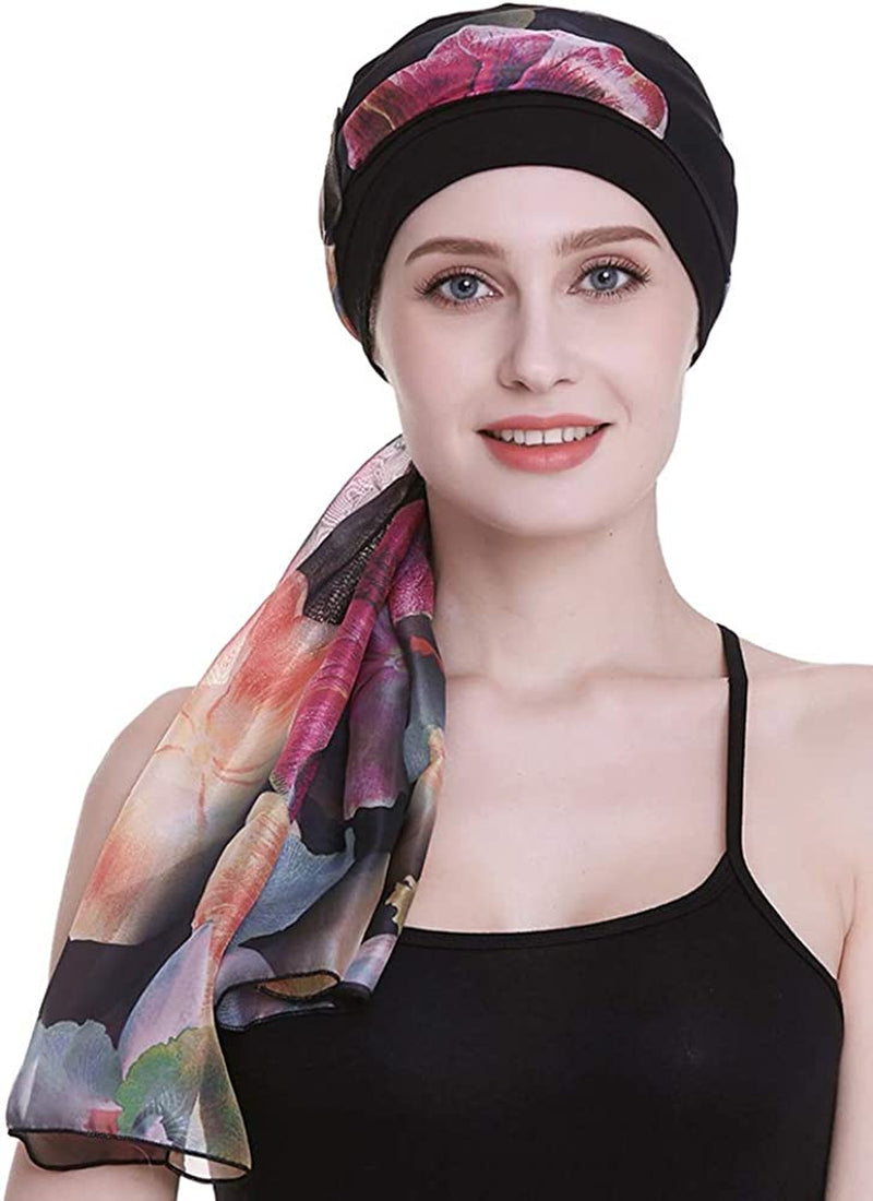 Elegant Chemo Cap with Silky Scarfs for Cancer Women Hair Loss Sleep Beanie Apparel & Accessories > Clothing Accessories > Headwear FocusCare Black  