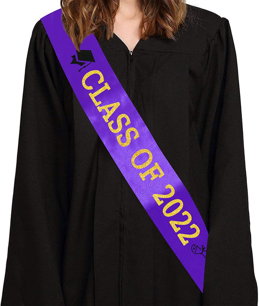 Purple “Class of 2022” Graduation Sash | Gold Glitter Letter Graduate Satin Sash | Funny Graduation Gifts for Boy or Girl| 2022 Graduation Celebration Party Supplies Apparel & Accessories > Clothing Accessories > Sashes Partyprops   