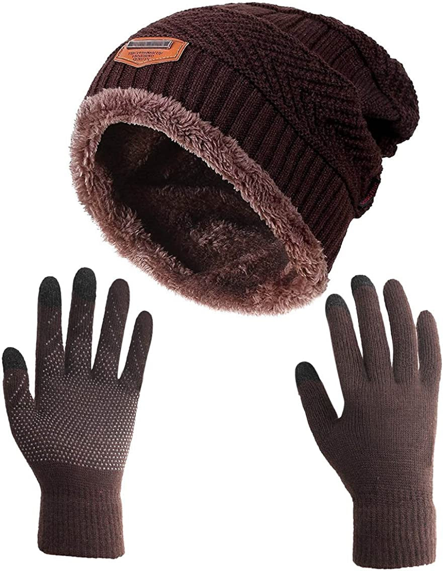 HINDAWI Winter Slouchy Beanie Gloves for Women Knit Hats Skull Caps Touch Screen Mittens Apparel & Accessories > Clothing Accessories > Gloves & Mittens HINDAWI Hat+gloves (Brown)  