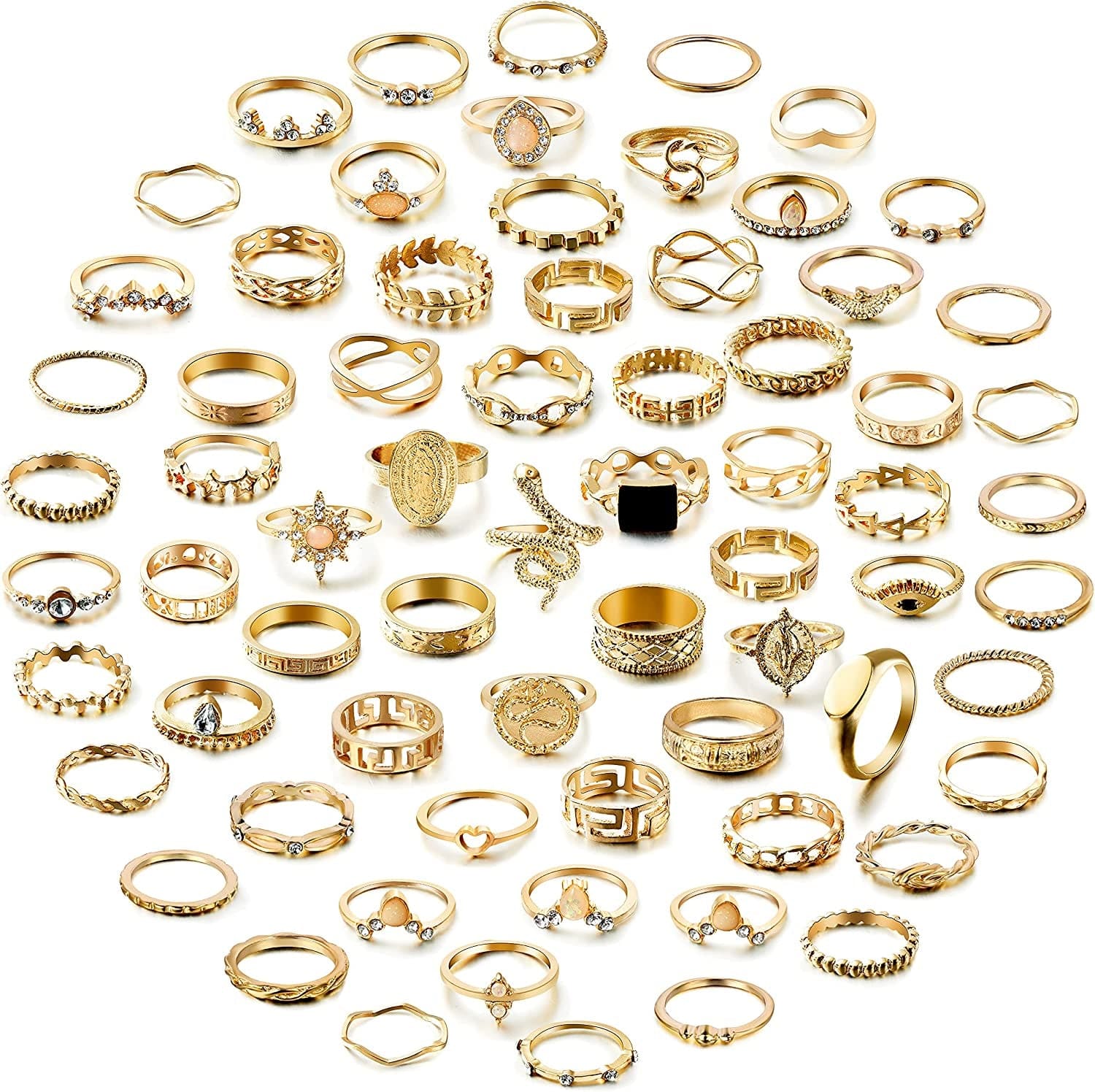 67Pcs Vintage Knuckle Rings Set Stackable Finger Rings Midi Rings for Women Bohemian Hollow Carved Flowers Gold&Silver Rings Crystal Joint Rings with Storage Bag B: 69Pcs Gold