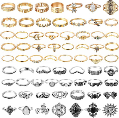 67Pcs Vintage Knuckle Rings Set Stackable Finger Rings Midi Rings for Women Bohemian Hollow Carved Flowers Gold&Silver Rings Crystal Joint Rings with Storage Bag A: 67Pcs Gold&Silver