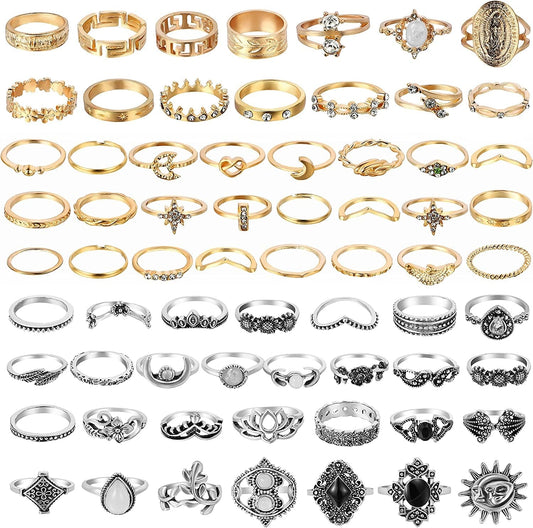 67Pcs Vintage Knuckle Rings Set Stackable Finger Rings Midi Rings for Women Bohemian Hollow Carved Flowers Gold&Silver Rings Crystal Joint Rings with Storage Bag A: 67Pcs Gold&Silver