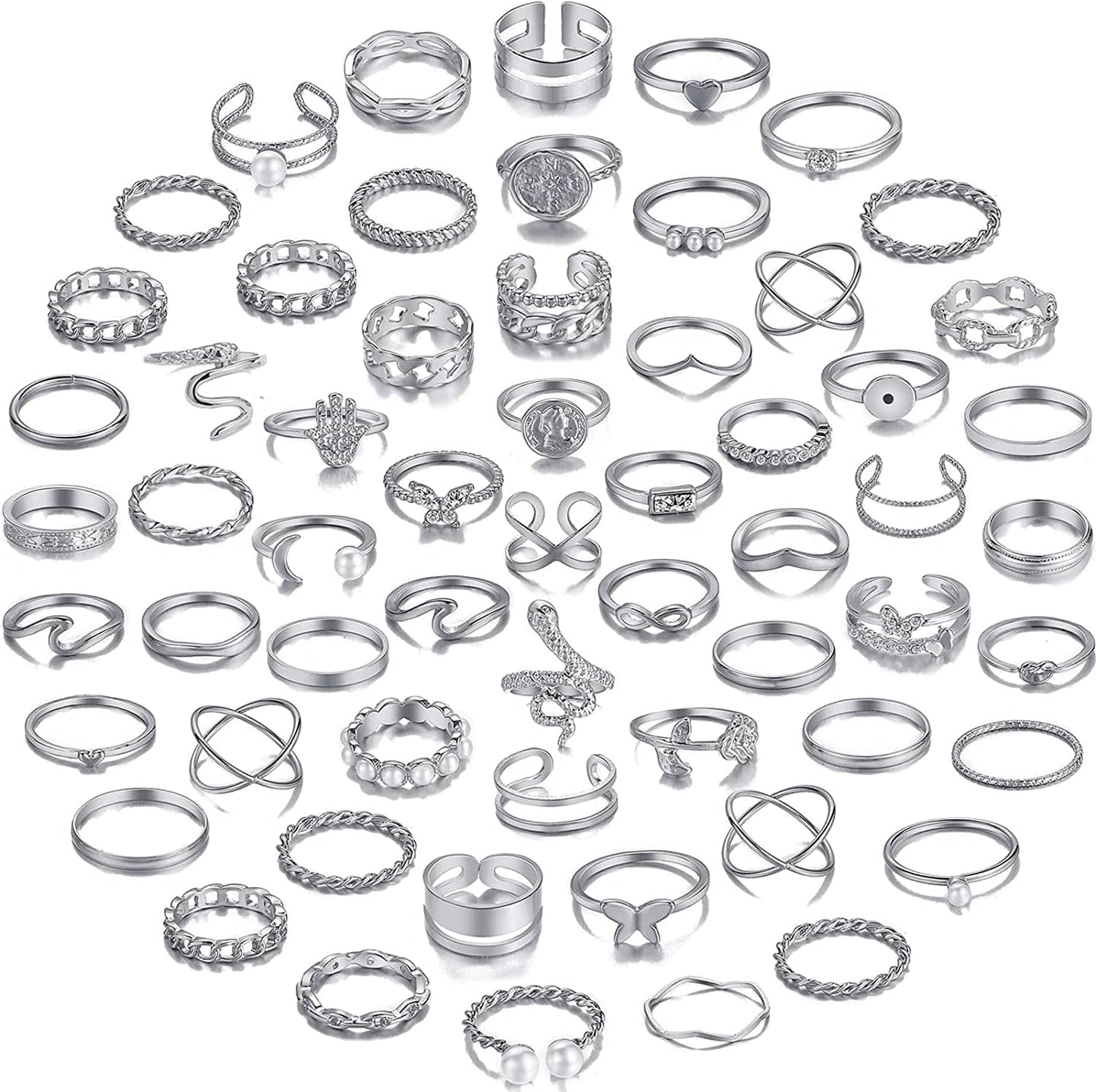 68 Pcs Gold Knuckle Rings Set for Women Girls, Stackable Rings Boho Joint Finger Midi Rings Silver Hollow Carved Crystal Stacking Rings Pack for Gift silver-60 pcs