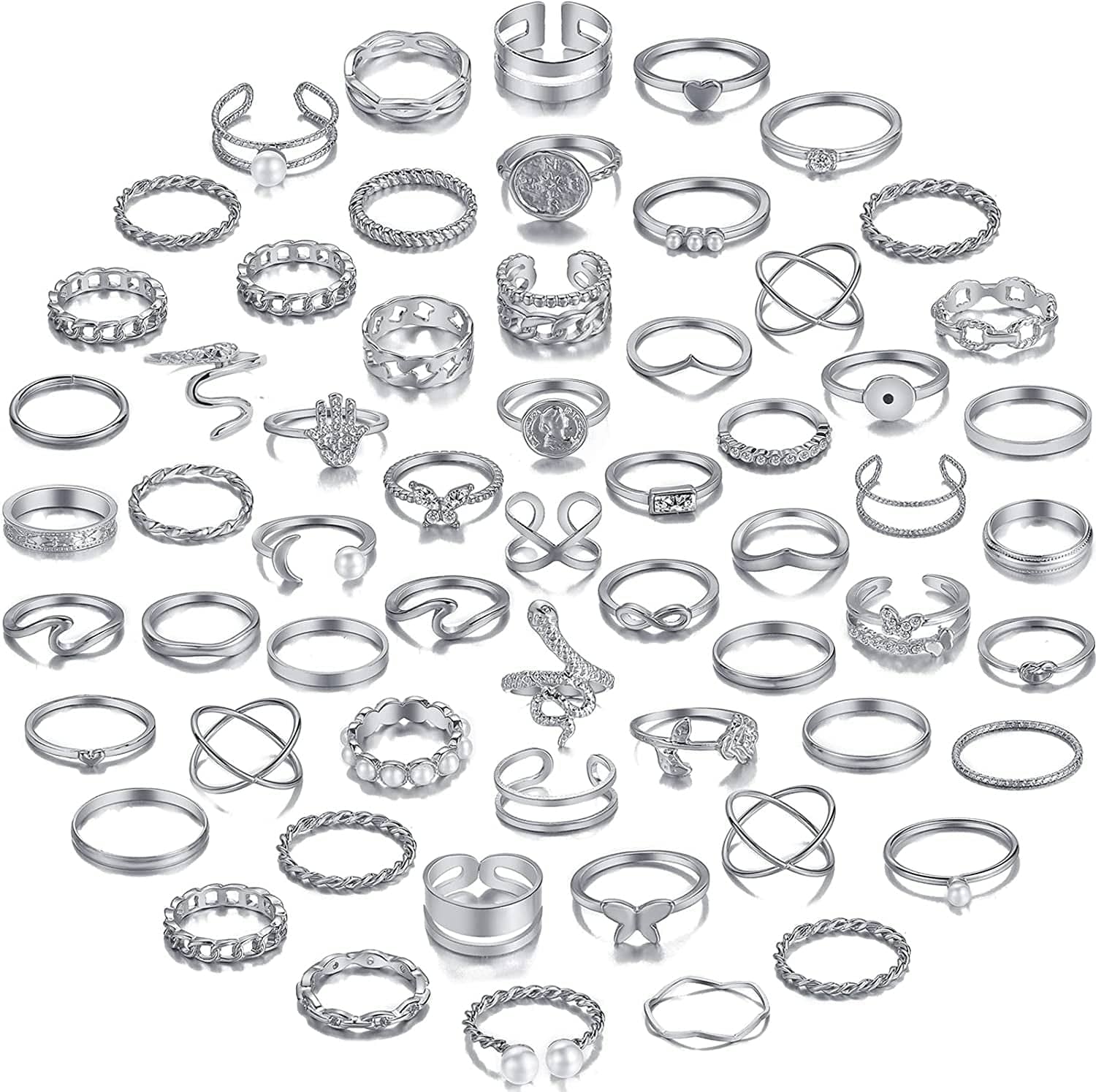 68 Pcs Gold Knuckle Rings Set for Women Girls, Stackable Rings Boho Joint Finger Midi Rings Silver Hollow Carved Crystal Stacking Rings Pack for Gift silver-60 pcs