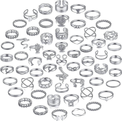 68 Pcs Gold Knuckle Rings Set for Women Girls, Stackable Rings Boho Joint Finger Midi Rings Silver Hollow Carved Crystal Stacking Rings Pack for Gift silver-60 pcs