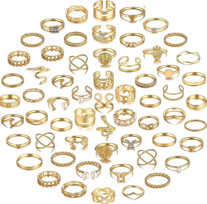 68 Pcs Gold Knuckle Rings Set for Women Girls, Stackable Rings Boho Joint Finger Midi Rings Silver Hollow Carved Crystal Stacking Rings Pack for Gift gold-60 pcs