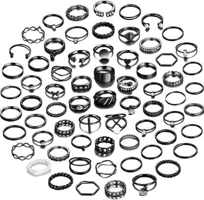 68 Pcs Gold Knuckle Rings Set for Women Girls, Stackable Rings Boho Joint Finger Midi Rings Silver Hollow Carved Crystal Stacking Rings Pack for Gift h-Black-68 pcs