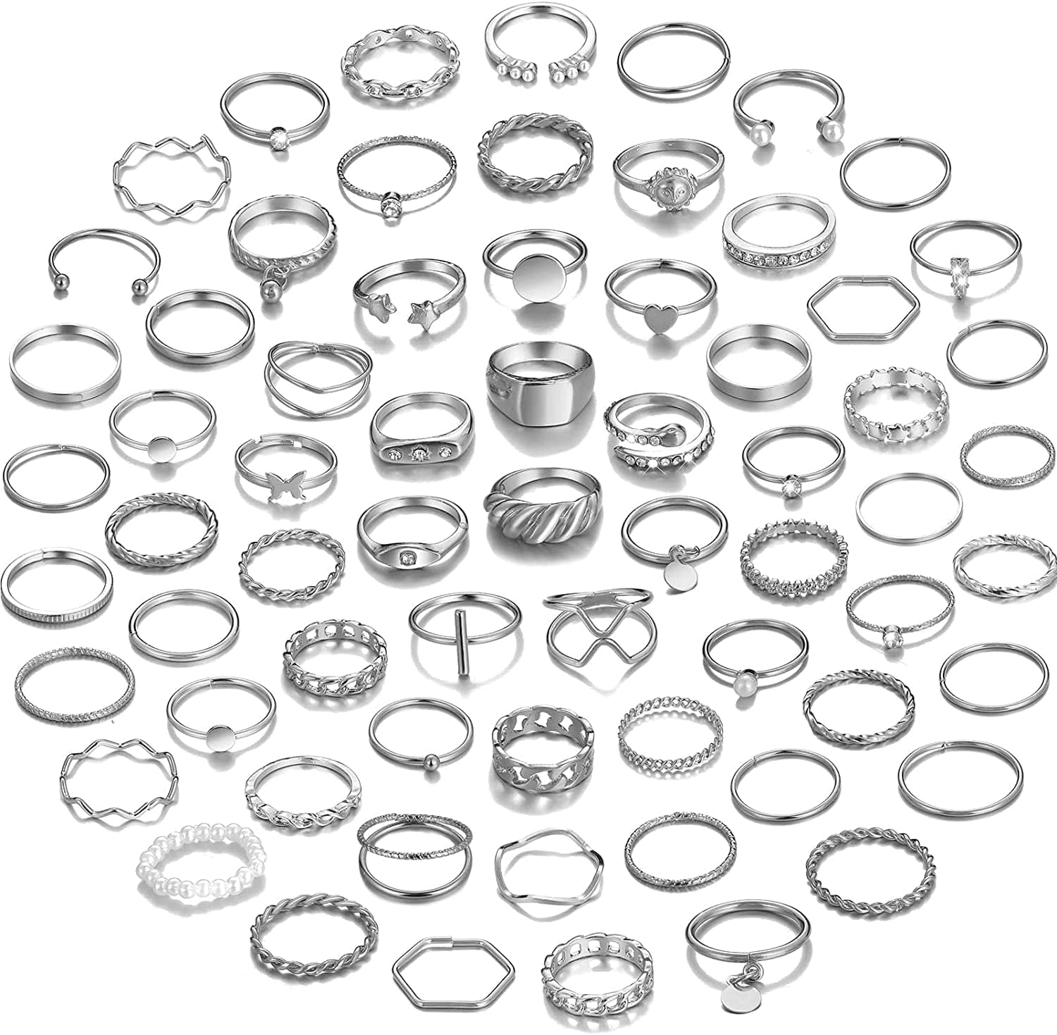 68 Pcs Gold Knuckle Rings Set for Women Girls, Stackable Rings Boho Joint Finger Midi Rings Silver Hollow Carved Crystal Stacking Rings Pack for Gift silver-68 Pcs