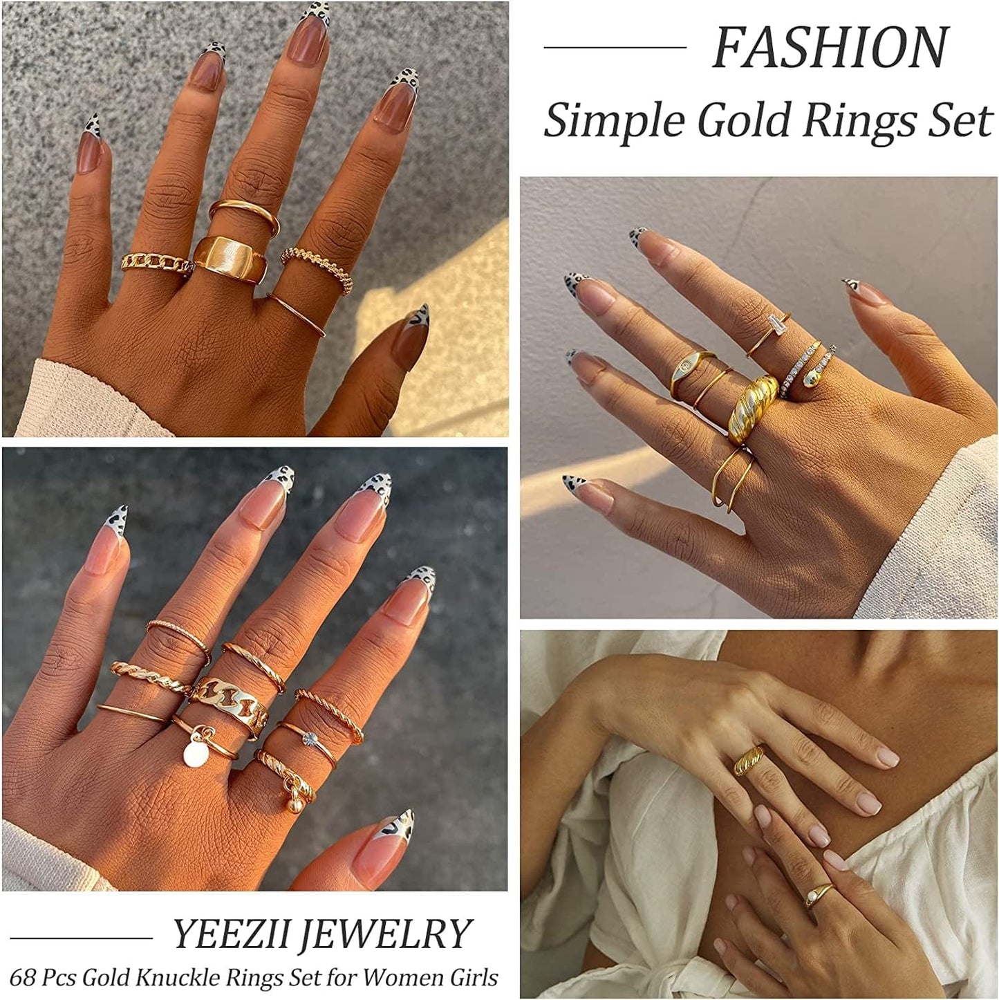 68 Pcs Gold Knuckle Rings Set for Women Girls, Stackable Rings Boho Joint Finger Midi Rings Silver Hollow Carved Crystal Stacking Rings Pack for Gift