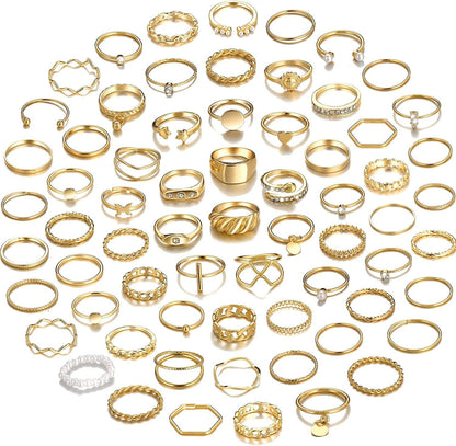68 Pcs Gold Knuckle Rings Set for Women Girls, Stackable Rings Boho Joint Finger Midi Rings Silver Hollow Carved Crystal Stacking Rings Pack for Gift A-gold-68 Pcs