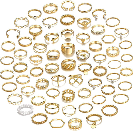 68 Pcs Gold Knuckle Rings Set for Women Girls, Stackable Rings Boho Joint Finger Midi Rings Silver Hollow Carved Crystal Stacking Rings Pack for Gift A-gold-68 Pcs